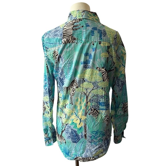 SOLD J MCLAUGHLIN LOIS SHIRT S BLUE GREEN GIRAFFE WHIMSY CASUAL COLORFUL STRETCH - Picture 5 of 12